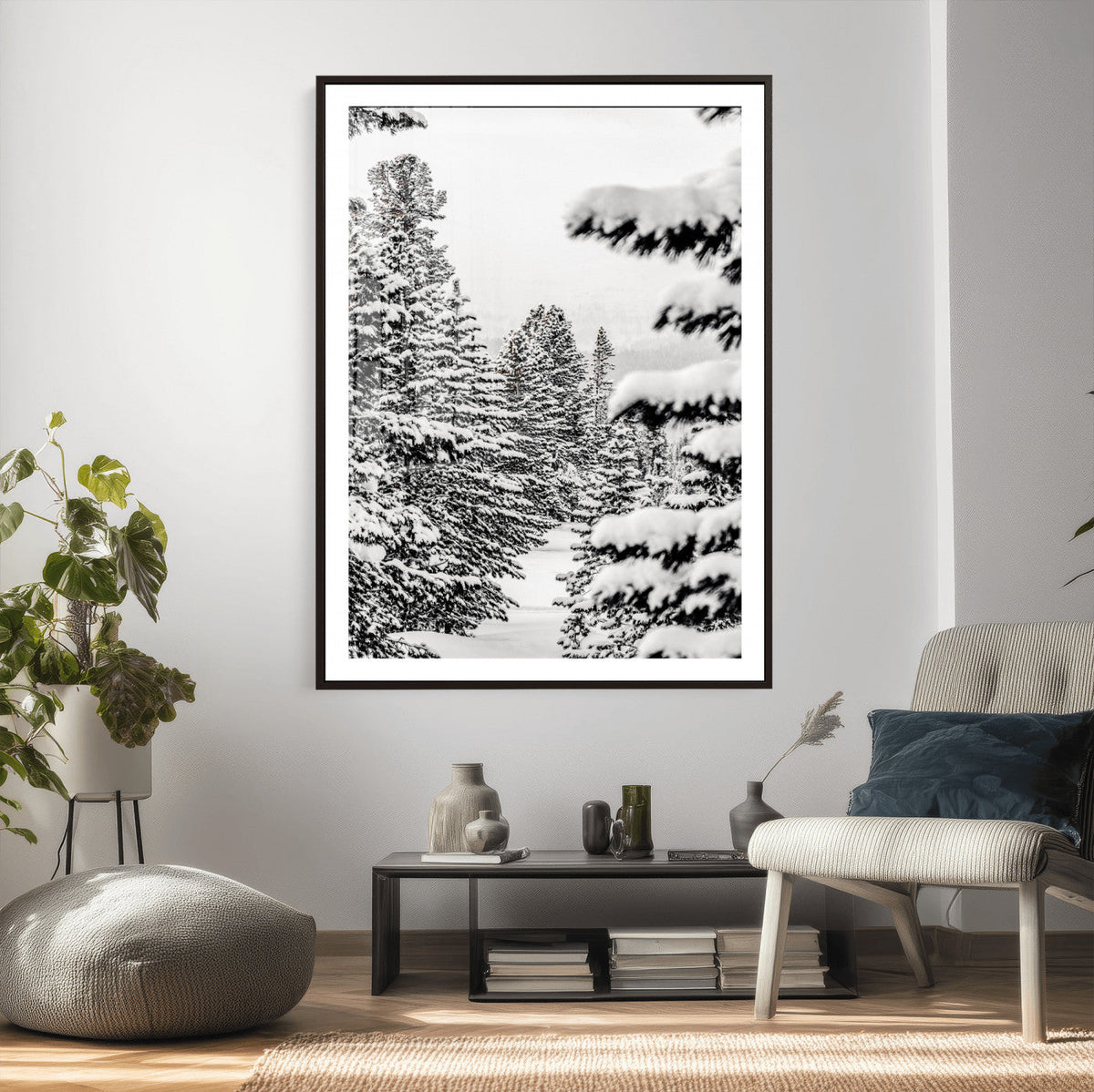 Winter Pine Forest Wall Art Canvas Print, Minimal Winter