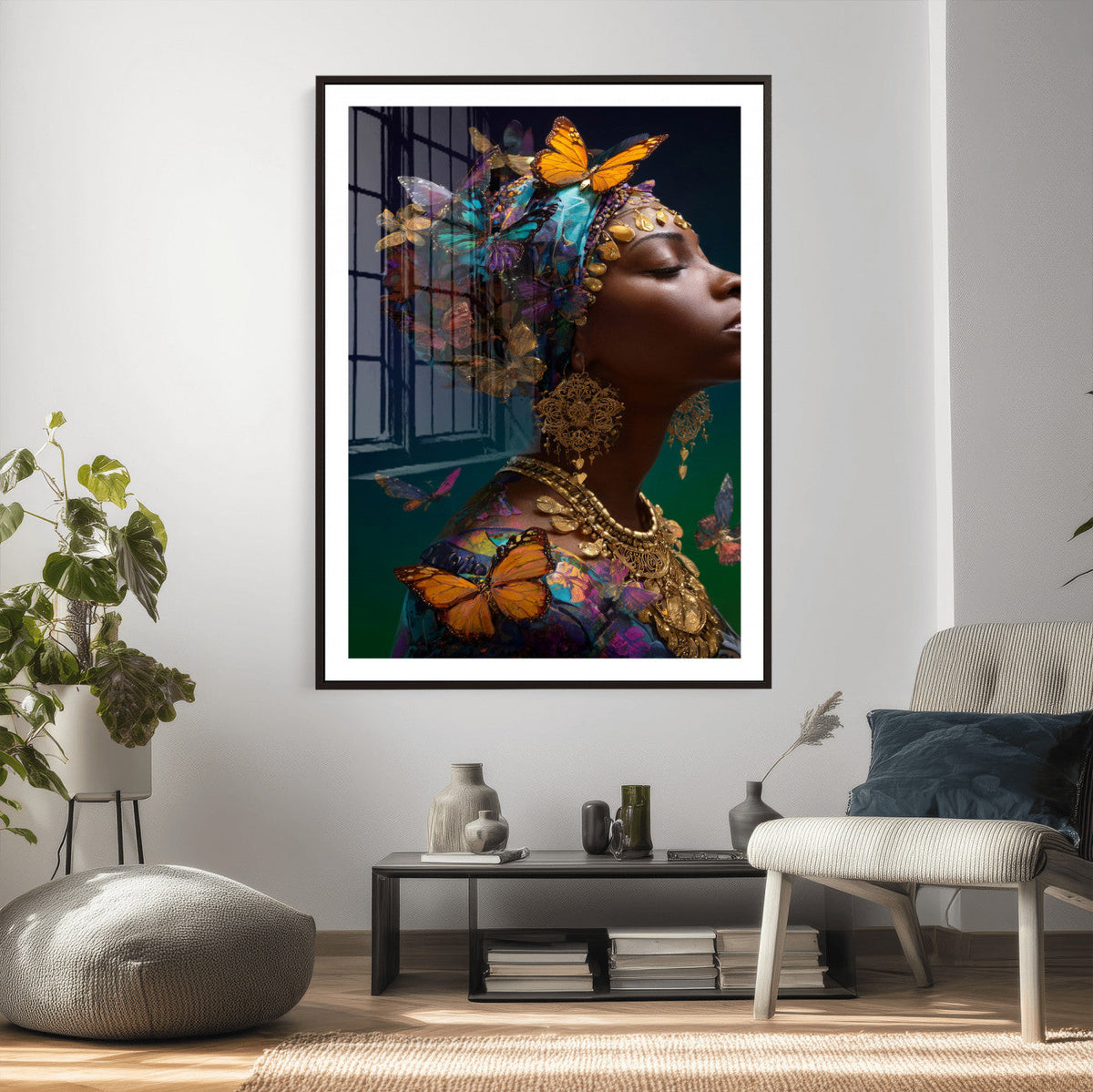 Butterfly Crown Gold Woman Portrait — Monarch Queen Canvas