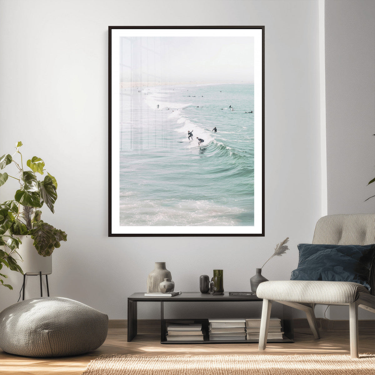 Surfers on Waves Canvas Wall Art, Aerial Ocean Photography
