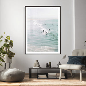 Surfers on Waves Canvas Wall Art, Aerial Ocean Photography