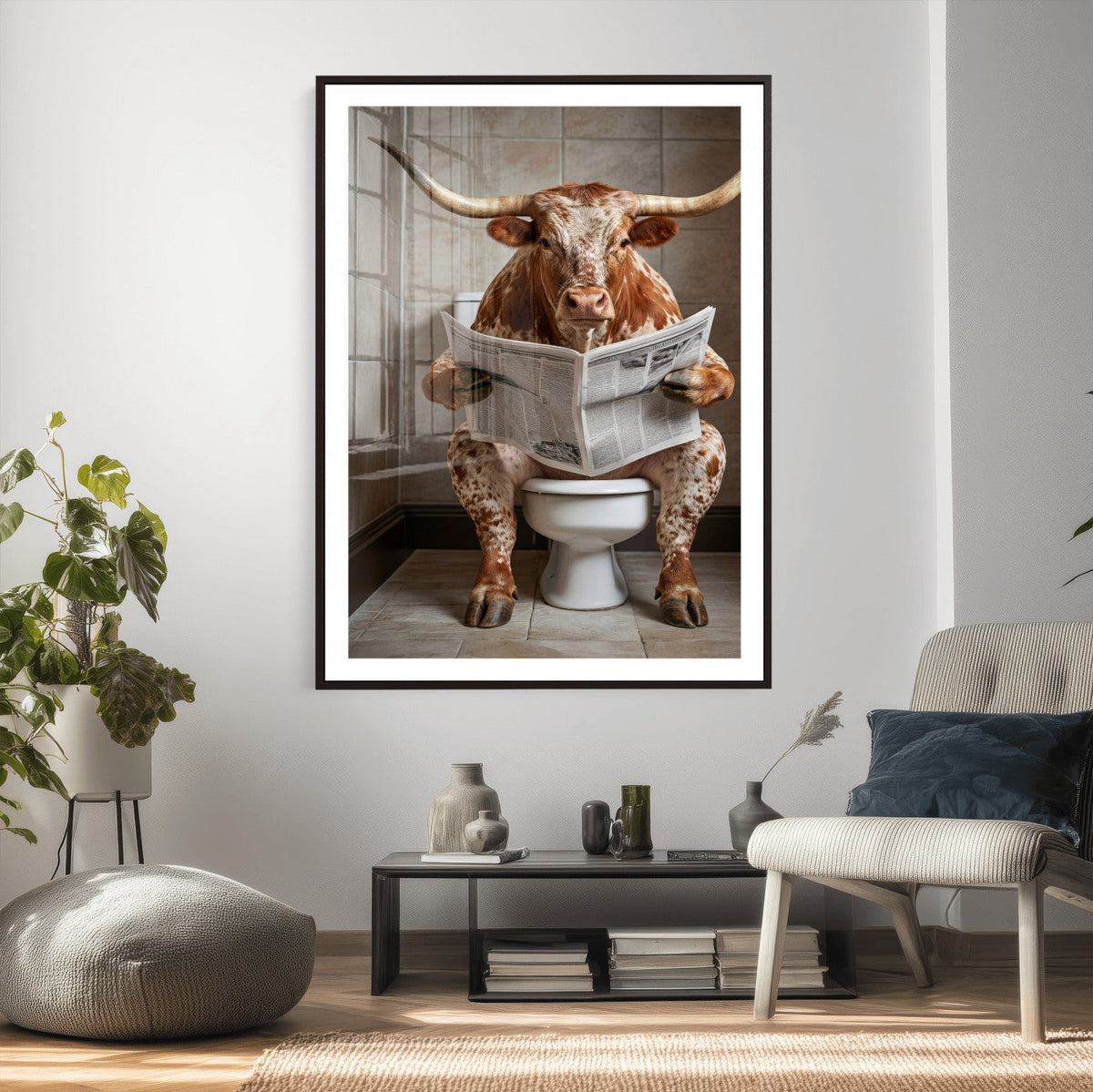 Funny Bathroom Canvas Wall Art, Texas Longhorn on Toilet