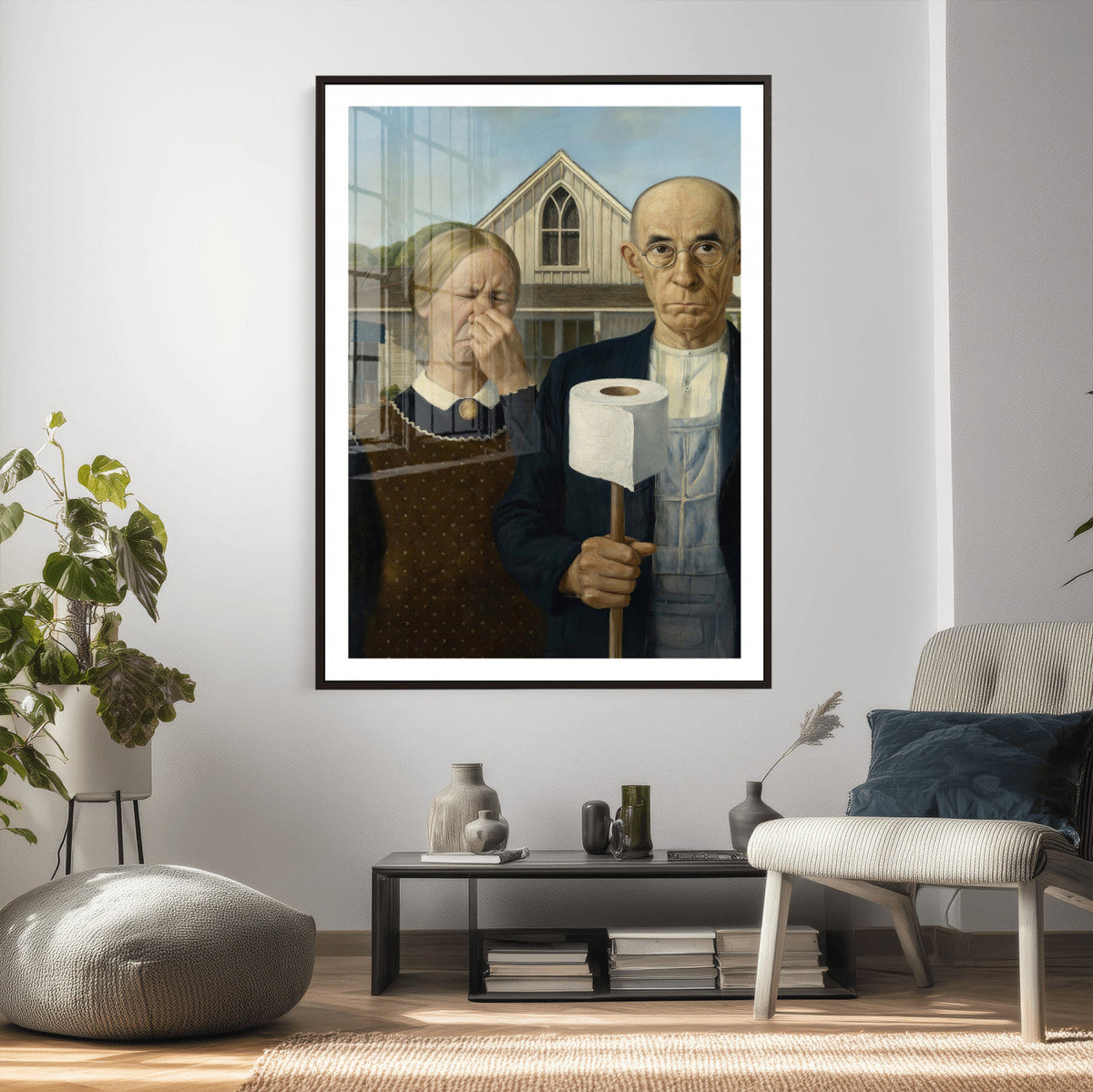 Funny Bathroom Canvas Wall Art, Grant Wood American Gothic