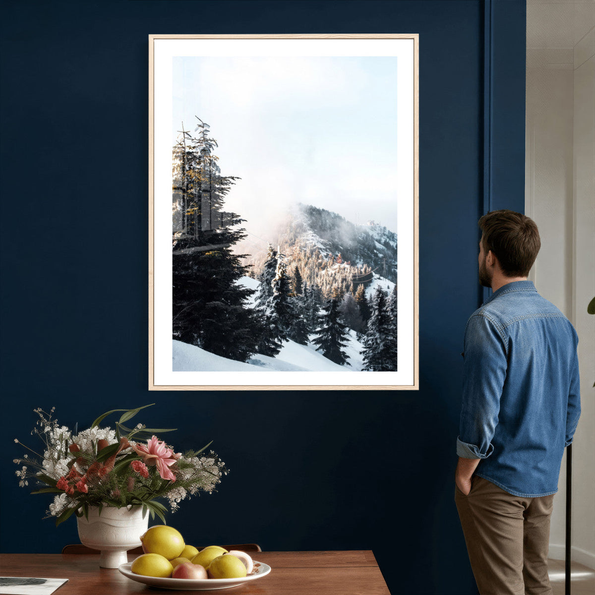Snowy Mountain Forest Wall Art Canvas Print, Winter Pine