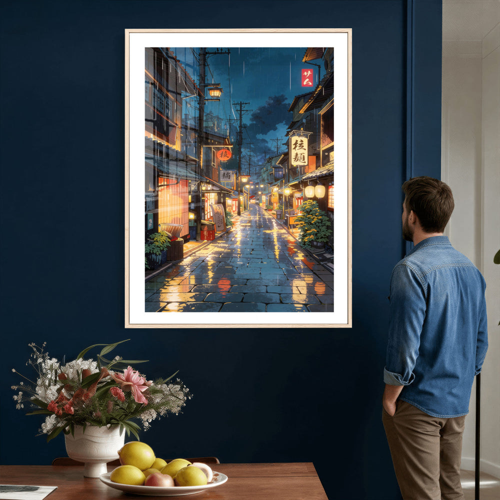 Tokyo Tea House Canvas Wall Art — Japan Rainy Night Street