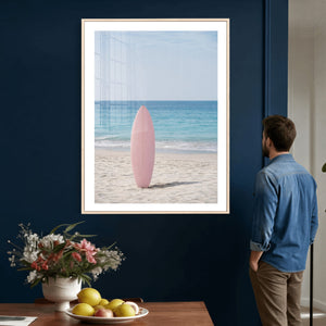 Pink Surfboard Canvas Wall Art, Minimalist Beach Photography