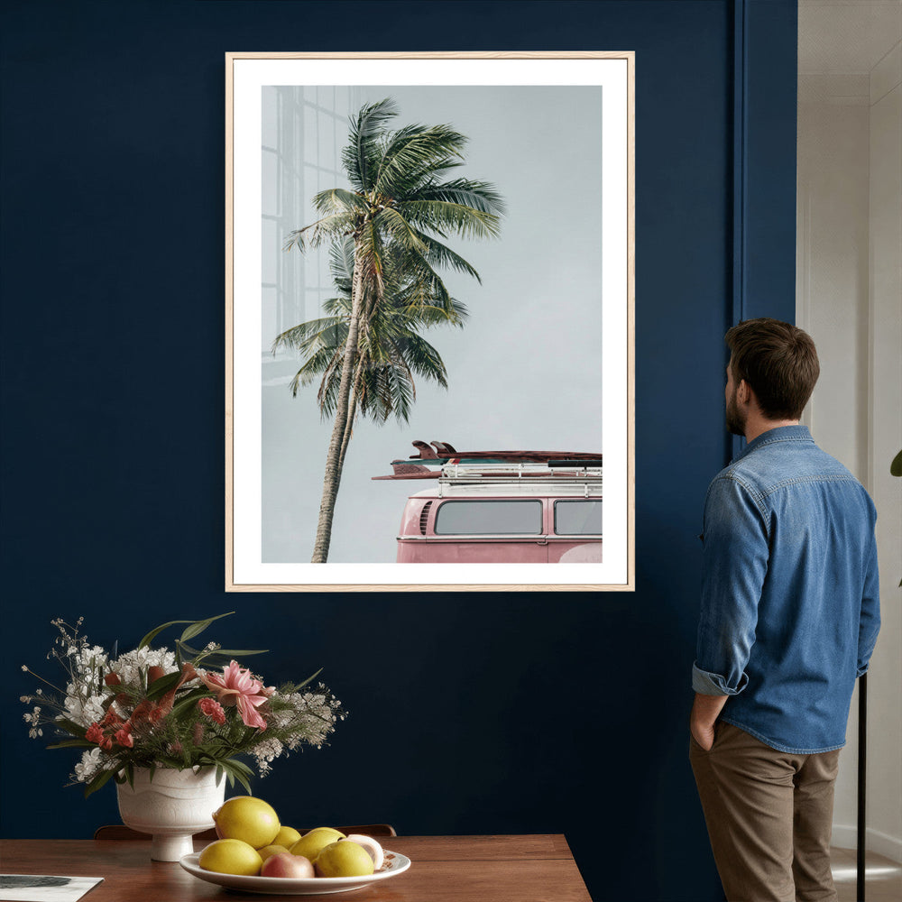 VW Van Palm Tree Canvas Wall Art, Pink Camper Surfboards