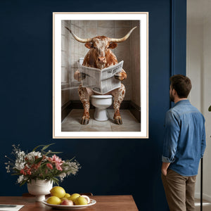 Funny Bathroom Canvas Wall Art, Texas Longhorn on Toilet