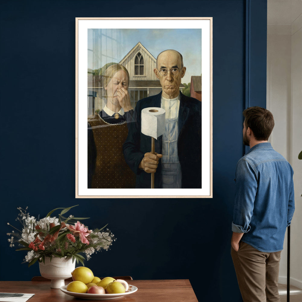 Funny Bathroom Canvas Wall Art, Grant Wood American Gothic