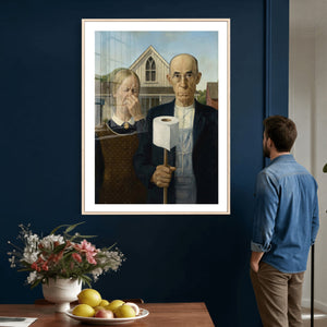 Funny Bathroom Canvas Wall Art, Grant Wood American Gothic