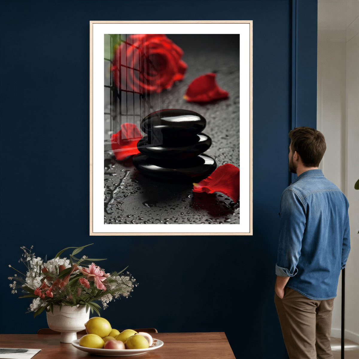 Black Lava Stone Rose Canvas | Red Rose Spa Photography