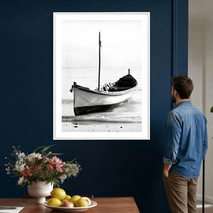 Minimal Boat Wall Art Canvas Print – Black and White Coastal