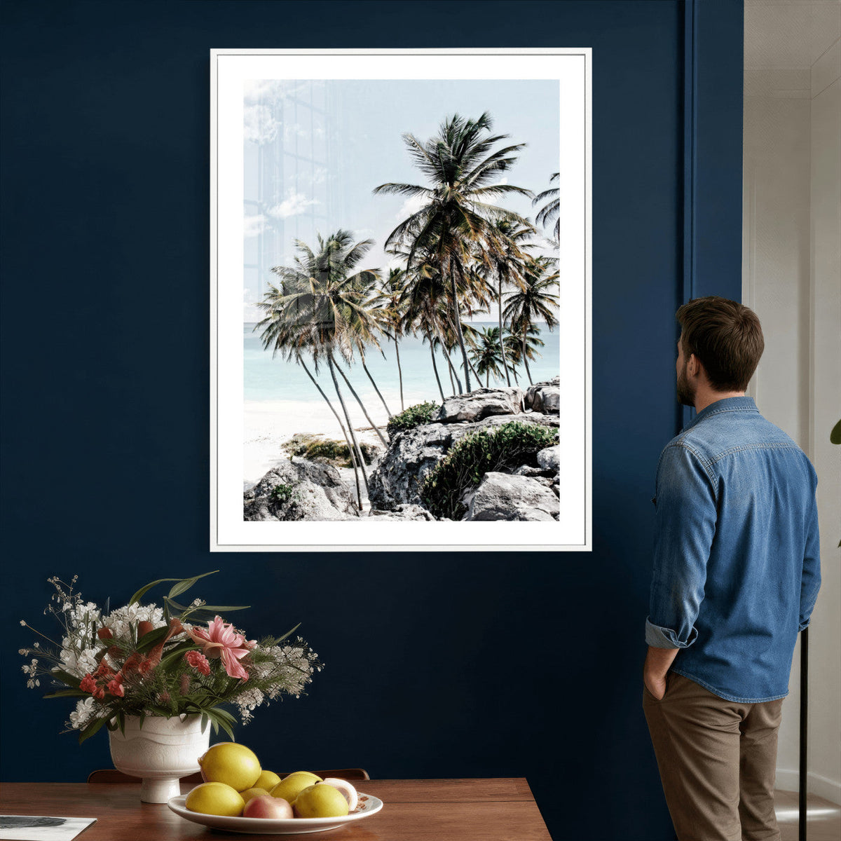 Tropical Trees Beach Wall Art Canvas Print, Coastal Ocean