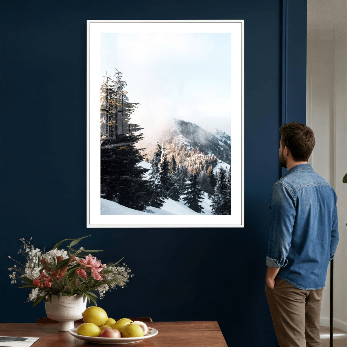 Snowy Mountain Forest Wall Art Canvas Print, Winter Pine