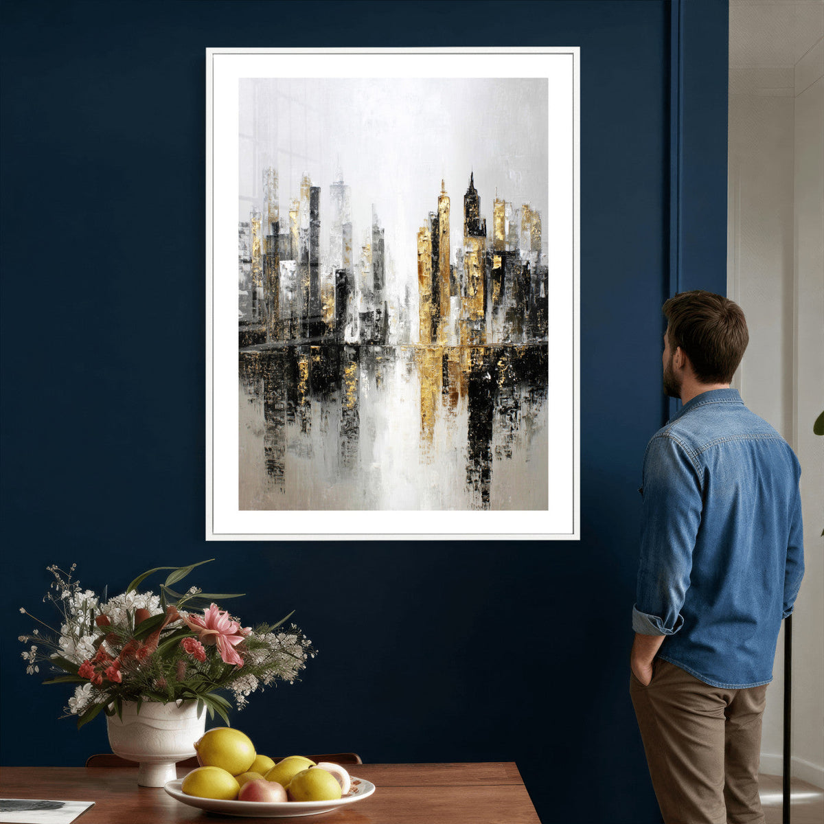 Abstract New York Wall Art Canvas Print, Gold Black Modern