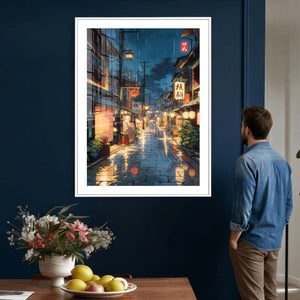 Tokyo Tea House Canvas Wall Art — Japan Rainy Night Street