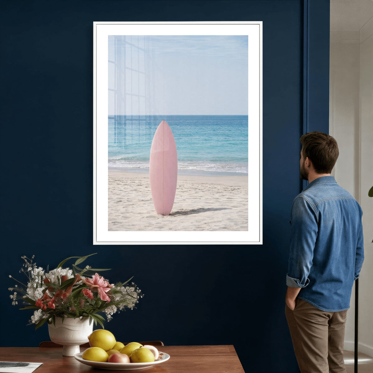 Pink Surfboard Canvas Wall Art, Minimalist Beach Photography