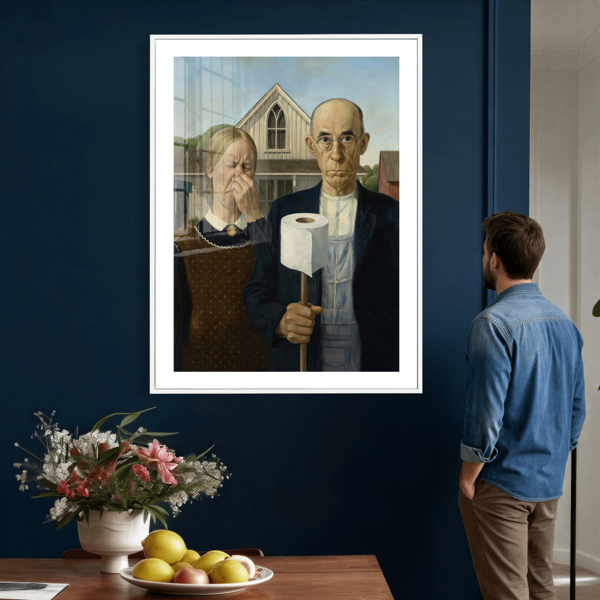 Funny Bathroom Canvas Wall Art, Grant Wood American Gothic