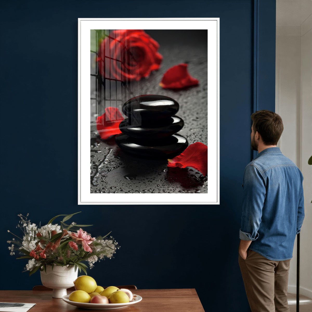 Black Lava Stone Rose Canvas | Red Rose Spa Photography