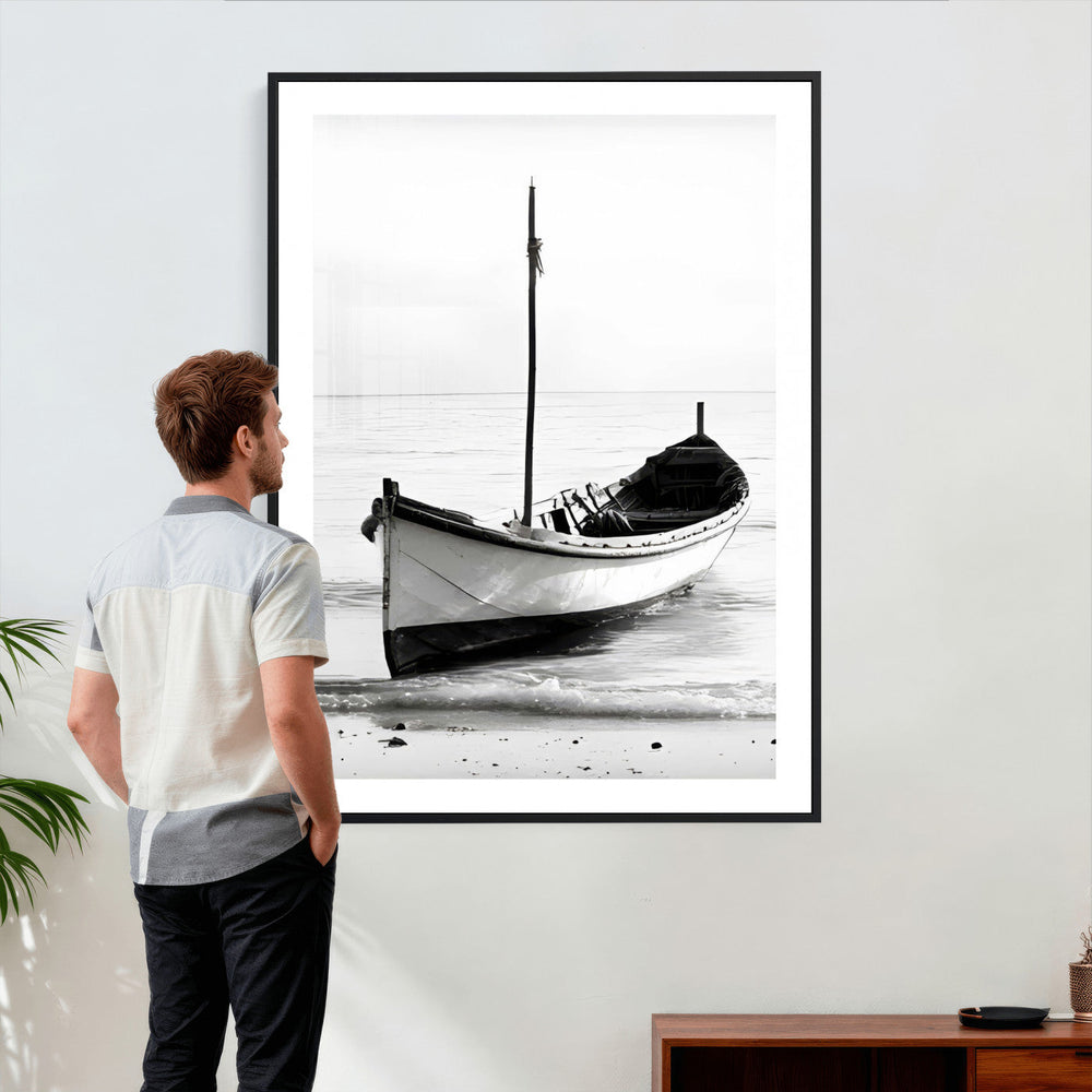 Minimal Boat Wall Art Canvas Print – Black and White Coastal