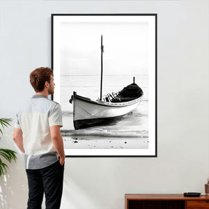 Minimal Boat Wall Art Canvas Print – Black and White Coastal