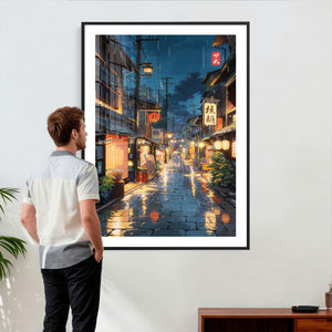 Tokyo Tea House Canvas Wall Art — Japan Rainy Night Street