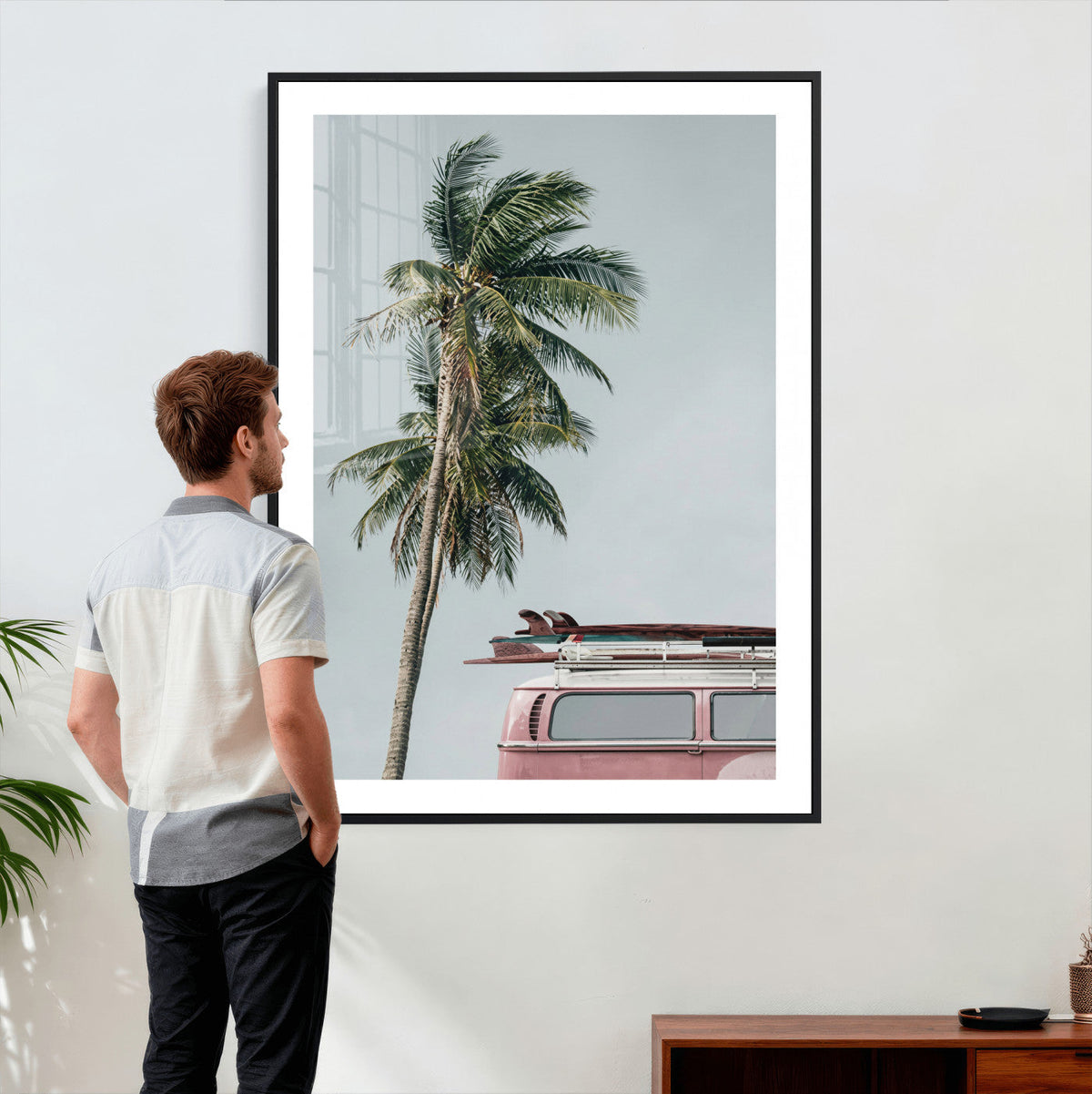 VW Van Palm Tree Canvas Wall Art, Pink Camper Surfboards