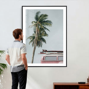 VW Van Palm Tree Canvas Wall Art, Pink Camper Surfboards