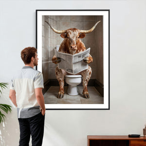 Funny Bathroom Canvas Wall Art, Texas Longhorn on Toilet