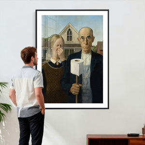 Funny Bathroom Canvas Wall Art, Grant Wood American Gothic