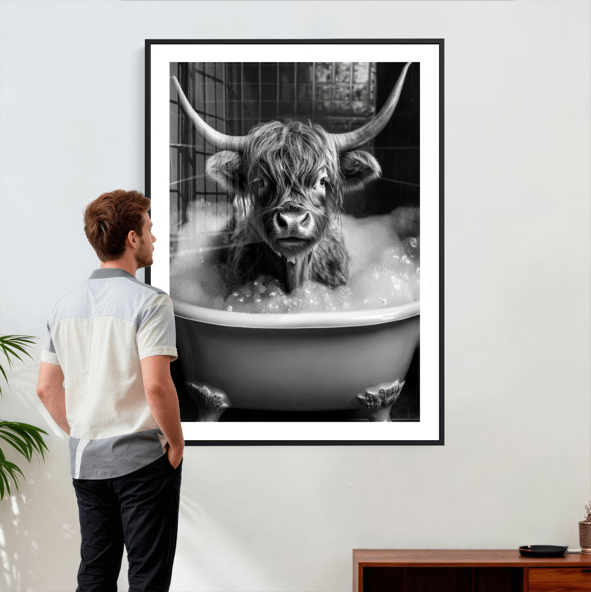 Highland Cow Bathtub Canvas Wall Art, Funny Bathroom Print