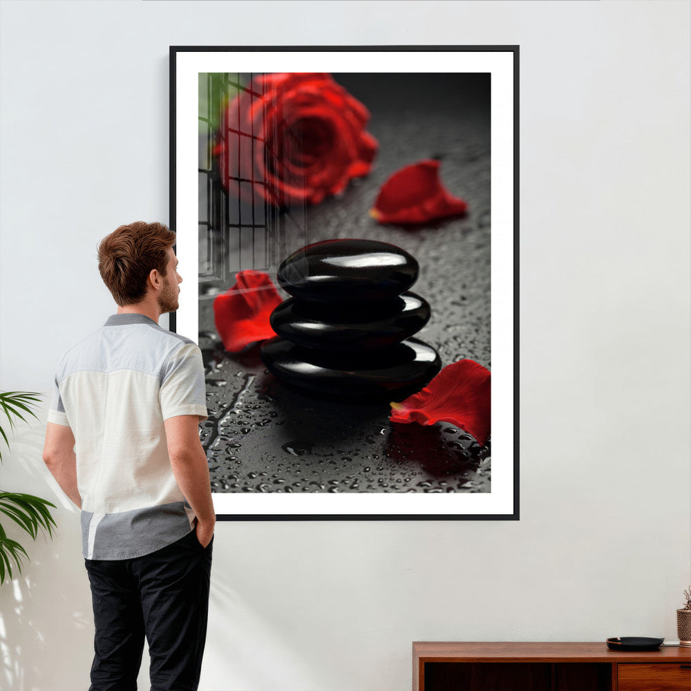 Black Lava Stone Rose Canvas | Red Rose Spa Photography