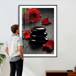 Black Lava Stone Rose Canvas | Red Rose Spa Photography
