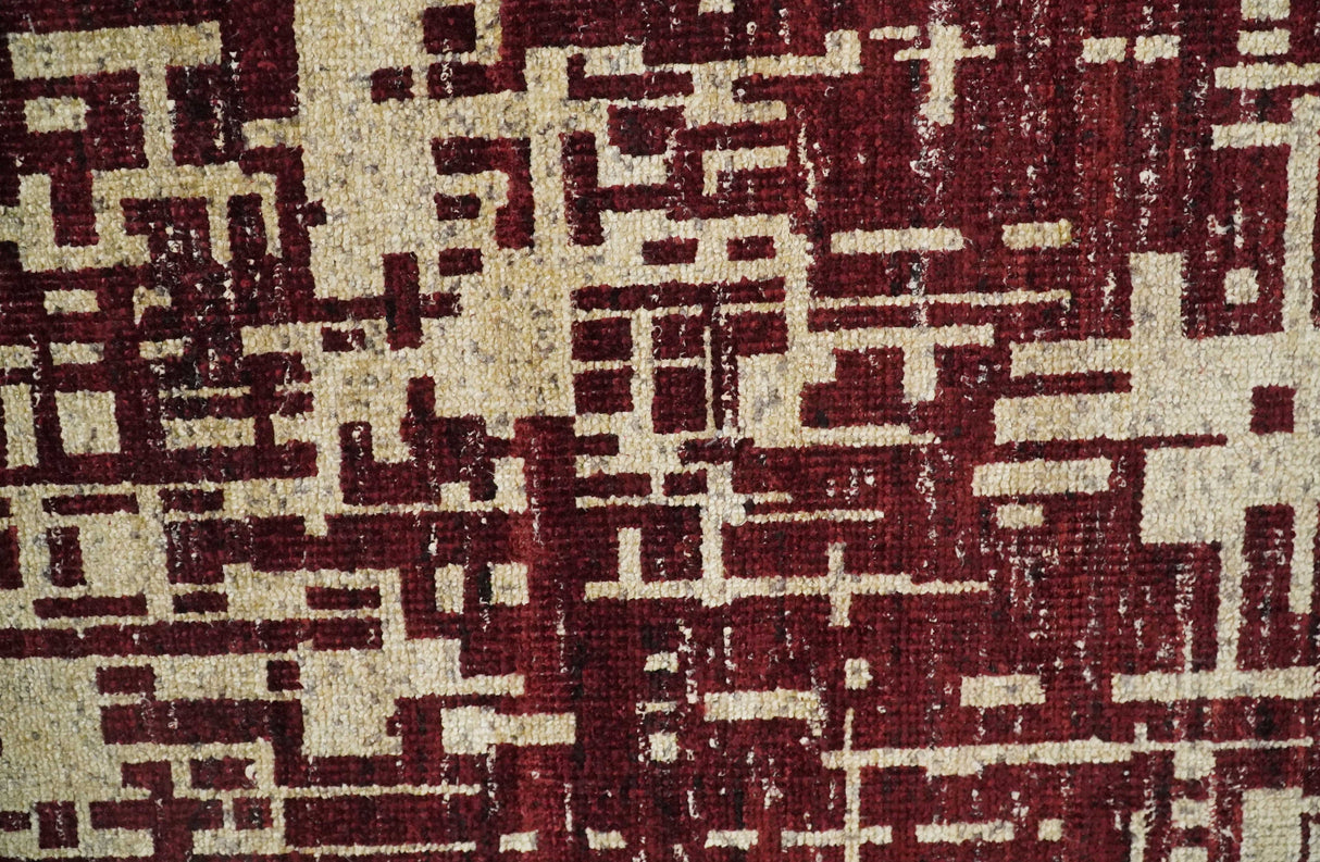 4x6 Hand Knotted Beige and Maroon Modern Abstract  Recycled Silk Area Rug