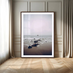 Moody Seascape Wall Art Canvas Print – Framed Neutral Foggy