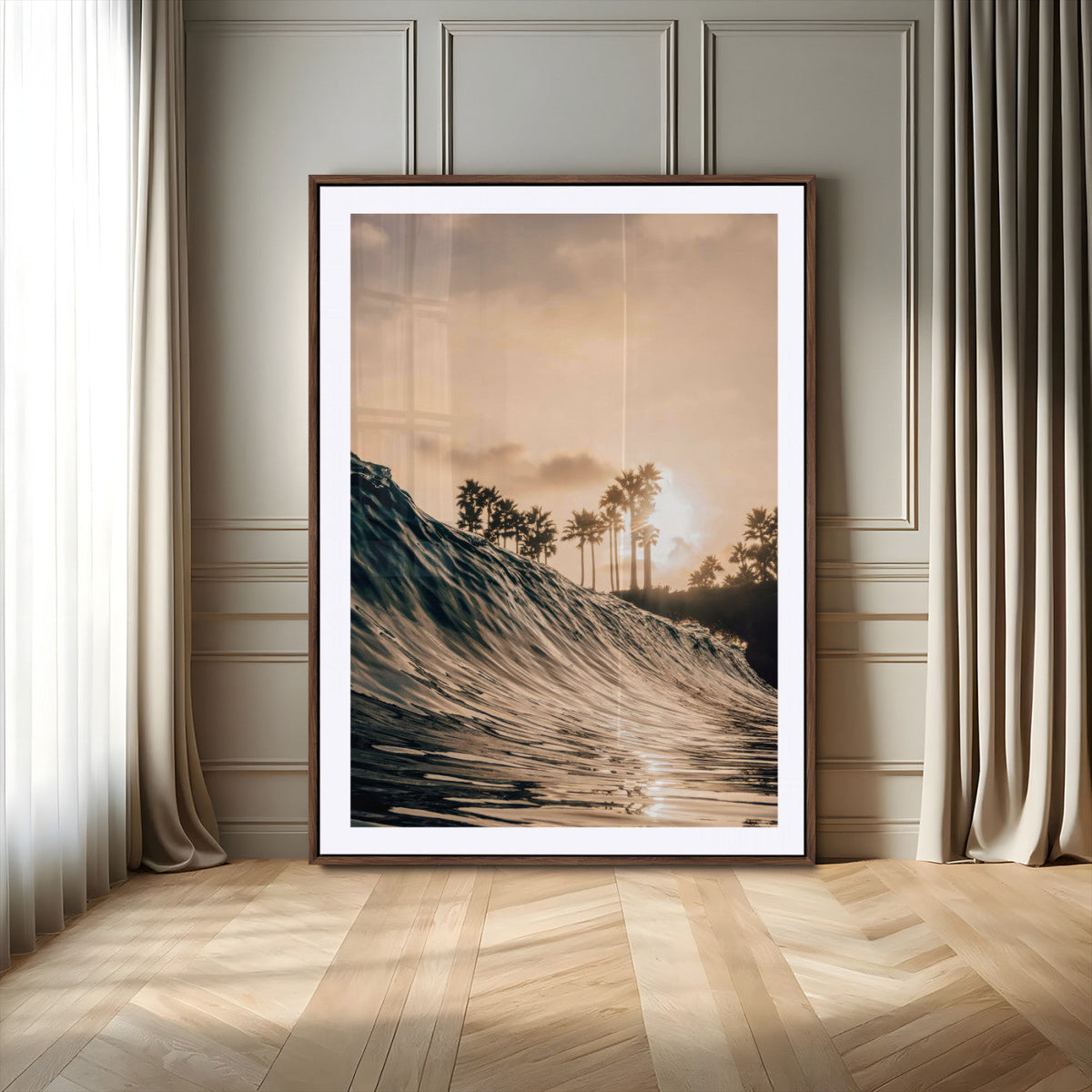 Sunset Wave Ocean Wall Art – Framed Palm Tree Canvas