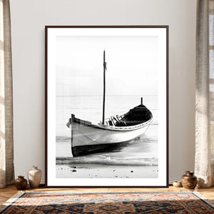 Minimal Boat Wall Art Canvas Print – Black and White Coastal