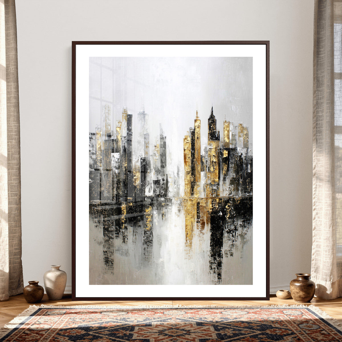 Abstract New York Wall Art Canvas Print, Gold Black Modern