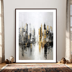 Abstract New York Wall Art Canvas Print, Gold Black Modern