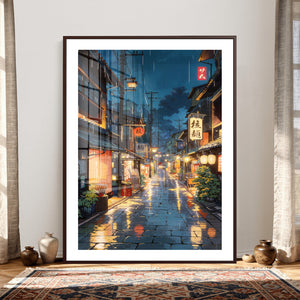 Tokyo Tea House Canvas Wall Art — Japan Rainy Night Street