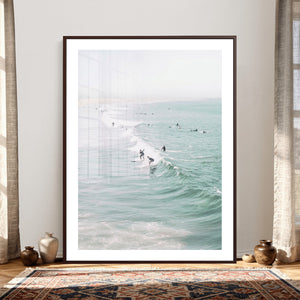 Surfers on Waves Canvas Wall Art, Aerial Ocean Photography