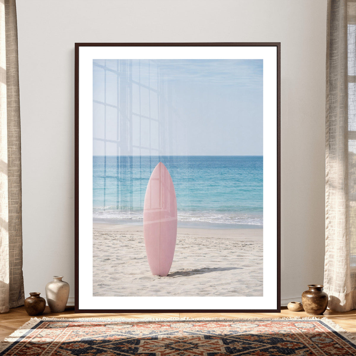 Pink Surfboard Canvas Wall Art, Minimalist Beach Photography