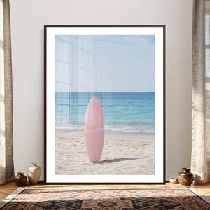 Pink Surfboard Canvas Wall Art, Minimalist Beach Photography