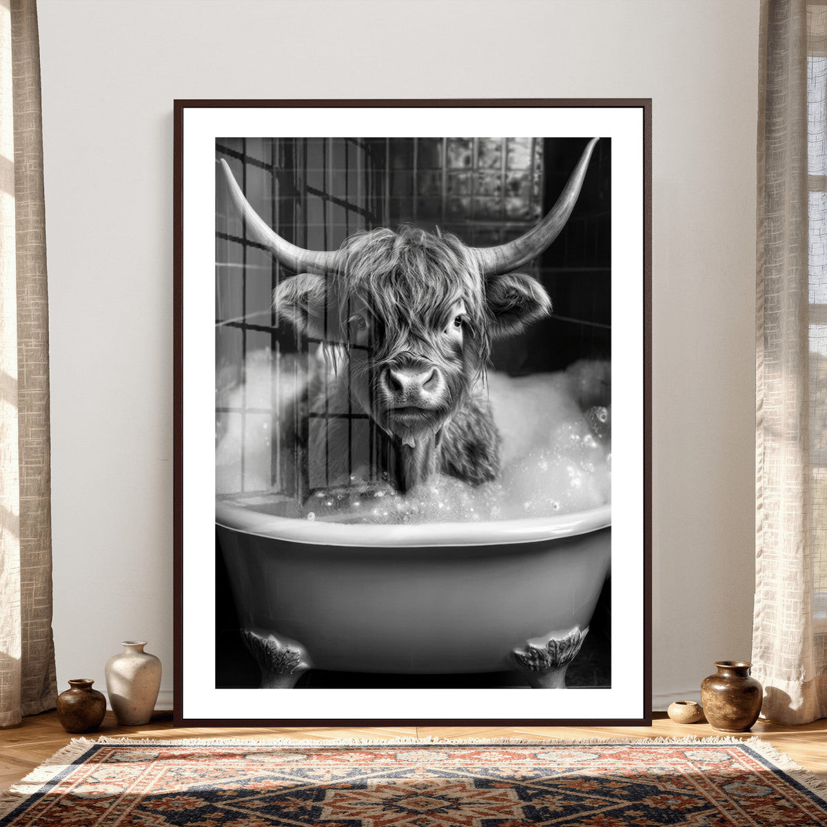 Highland Cow Bathtub Canvas Wall Art, Funny Bathroom Print