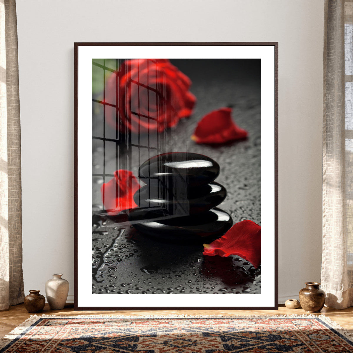 Black Lava Stone Rose Canvas | Red Rose Spa Photography
