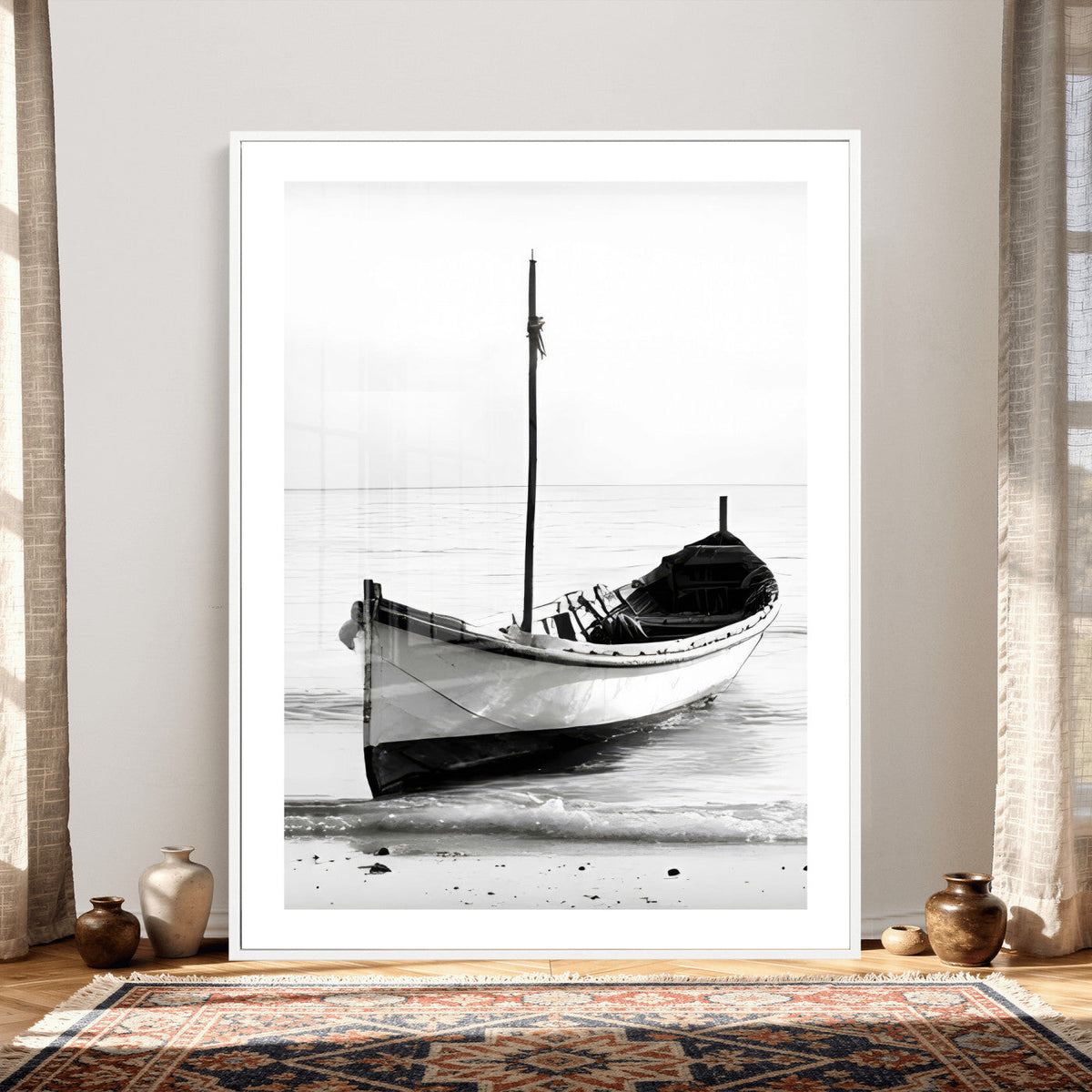 Minimal Boat Wall Art Canvas Print – Black and White Coastal