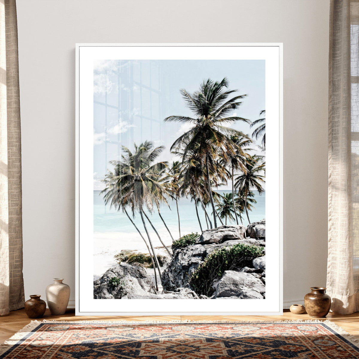 Tropical Trees Beach Wall Art Canvas Print, Coastal Ocean