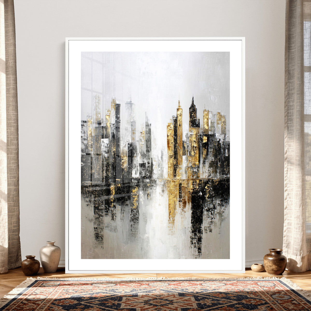 Abstract New York Wall Art Canvas Print, Gold Black Modern