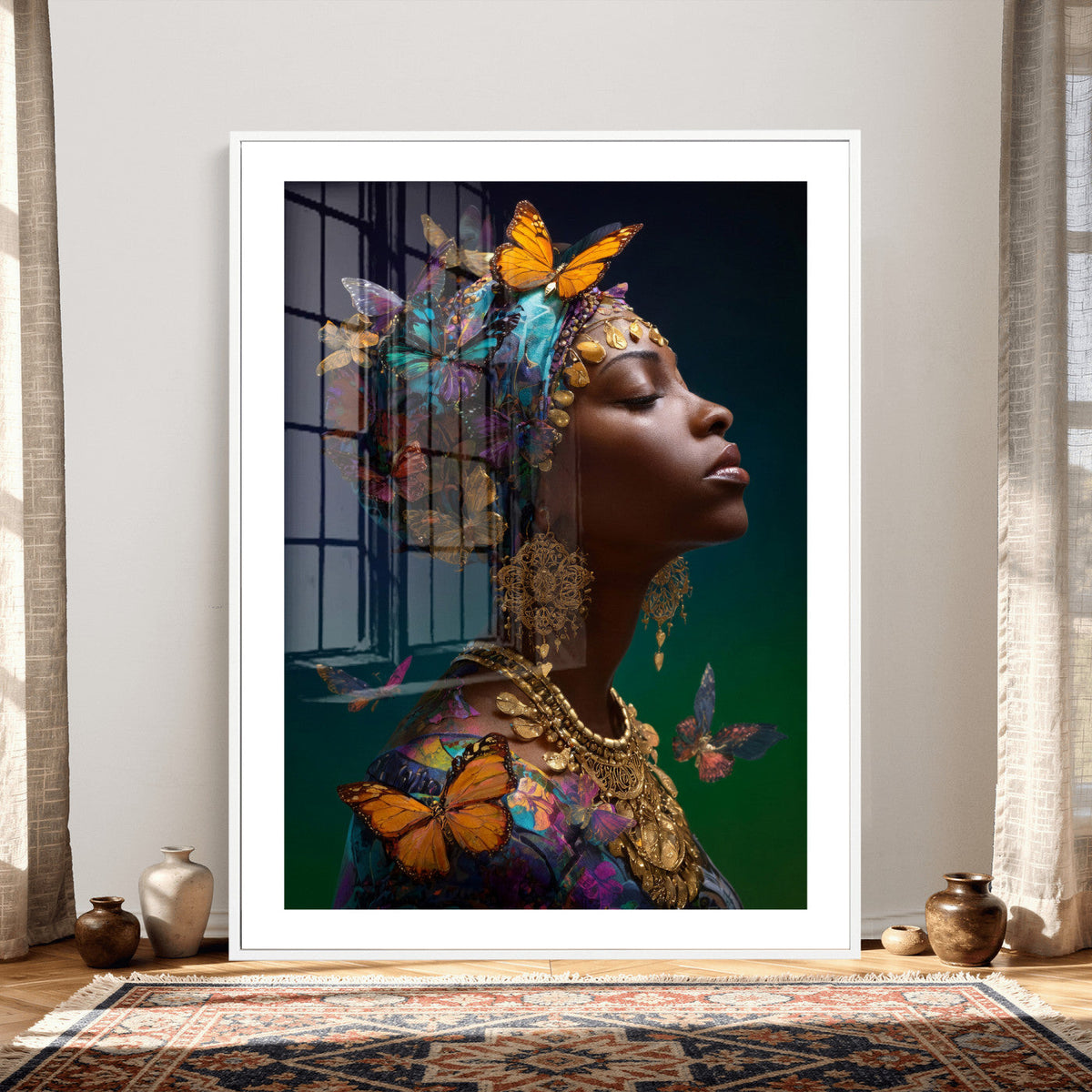 Butterfly Crown Gold Woman Portrait — Monarch Queen Canvas