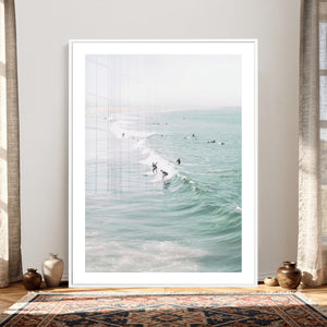 Surfers on Waves Canvas Wall Art, Aerial Ocean Photography