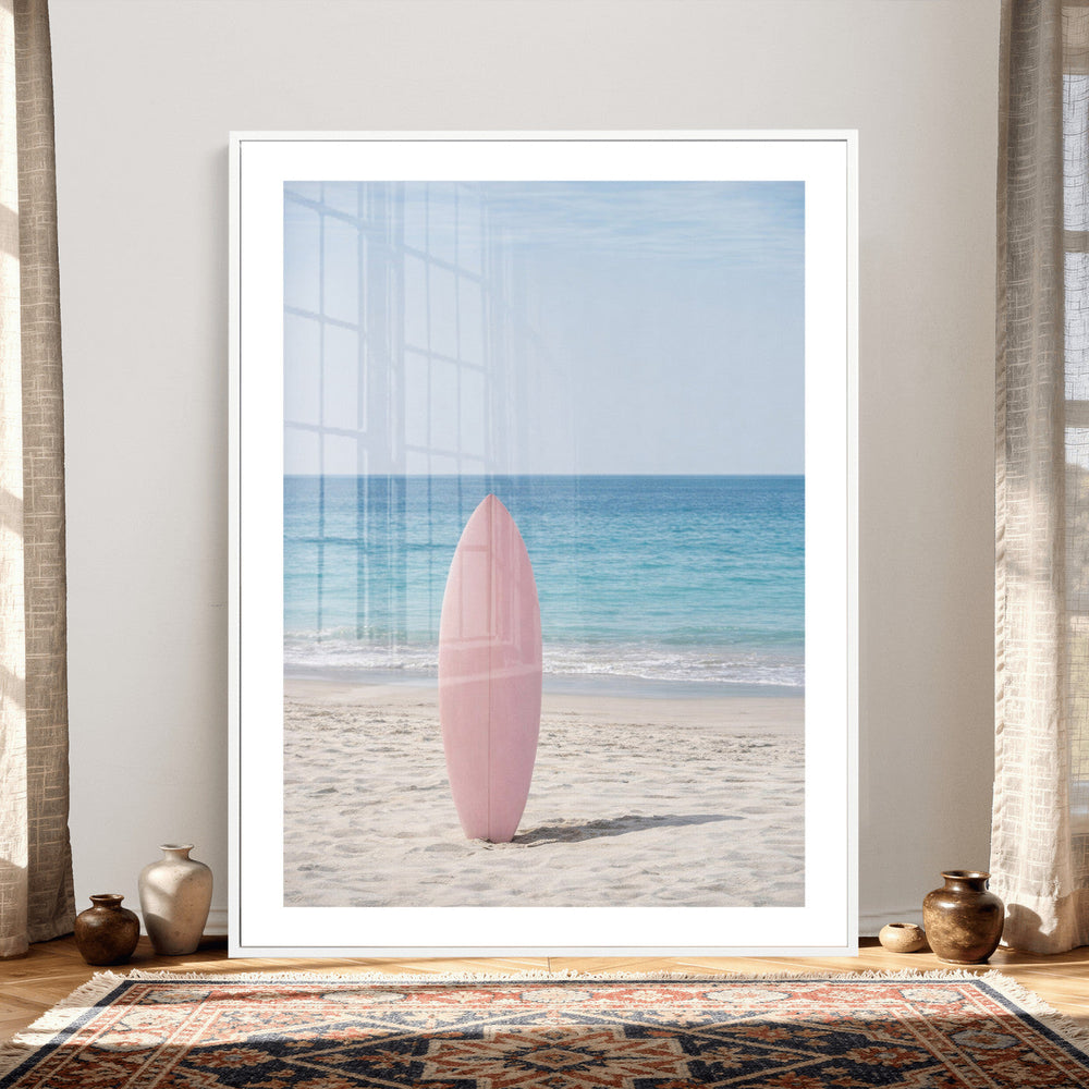 Pink Surfboard Canvas Wall Art, Minimalist Beach Photography